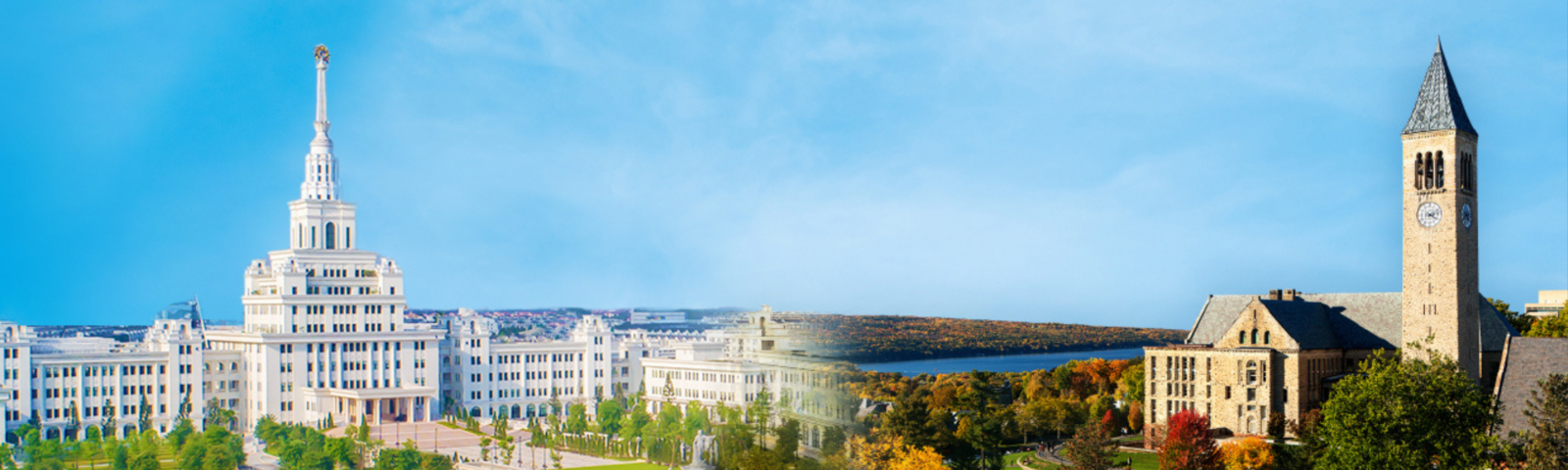 Aerial view of VinUniversity in Vietnam and Cornell University in Ithaca, New York.